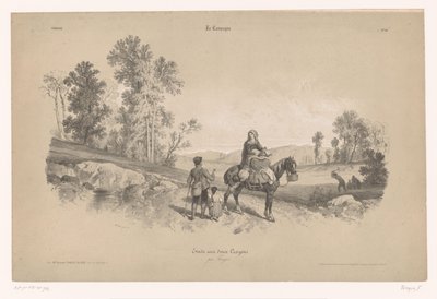 Woman on a Horse with Man and Child in a Landscape (Studies of Rural Scenes with Two Types of Chalk series) (La Campagne. Etude aux deux crayons, par Férogio series) by Fortuné Ferogio
