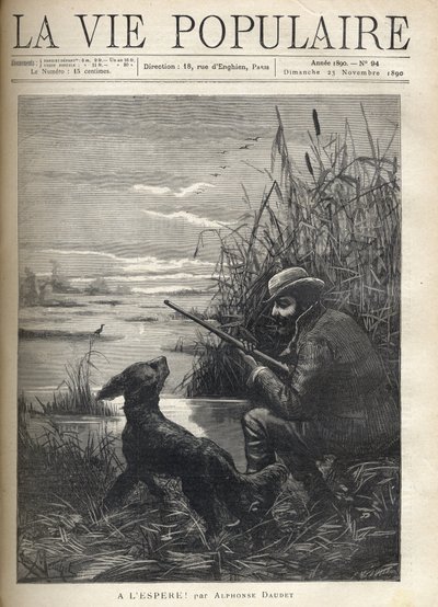 A bird hunter in a swamp with his dog. Illustration of F. Meaulle for 