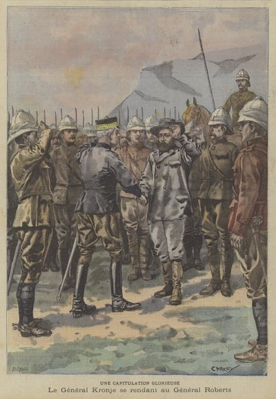 A glorious capitulation: Boer General Piet Cronje surrendering to General Roberts after the Battle of Paarderberg by Fortune Louis Meaulle