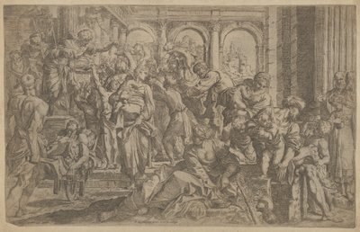 Saint Roch at left distributing alms to a group of people gathered around him, after A by Francesco Brizio
