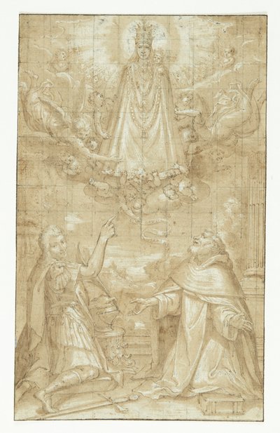 A Crowned Madonna with Child, Draped in a Cape and Heavy Chains, Appears in the Clouds, Surrounded by Angels and Cherubs, to Two Kneeling Saints; One a Soldier Martyr, the Other a Cleric (Hyacintus?). An Angel Hands a Belt or a Script by Francesco Francia