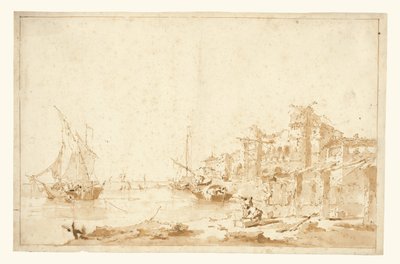 An Imaginary View of a Venetian Lagoon, with a Fortress by the Shore by Francesco Guardi