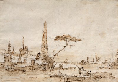 Capriccio beside a Venetian Lagoon with an Obelisk and Lion outside the Walls of a Fortified Town by Francesco Guardi