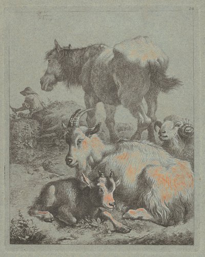 Horse, Ram, Goat with Kid; In the Distance a Shepherd with Flock by Francesco Londonio