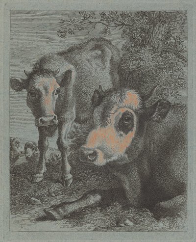 Reclining Cow and Calf in the Open by Francesco Londonio