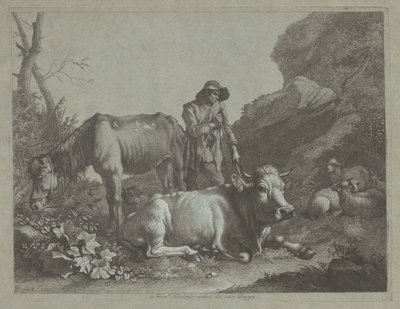 Shepherd Resting on a Walking Stick with an Old Horse and a Reclining Bull by Francesco Londonio