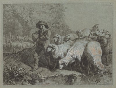 Shepherd with a Sack Driving a Flock by Francesco Londonio