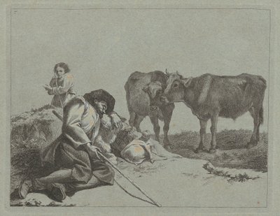 Sleeping Shepherd, Two Calves, and a Peasant Woman by Francesco Londonio