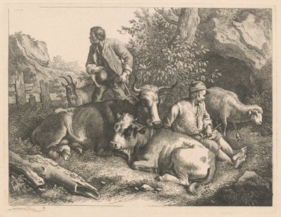 Two Shepherds with a Cow and Calf by Francesco Londonio
