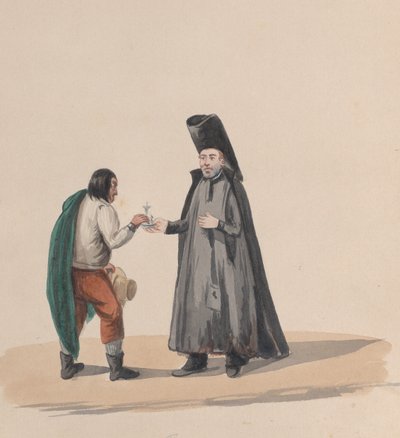 A Canon Handing a Crucifix to a Man, from a Group of Drawings Depicting Peruvian Costume by Francisco