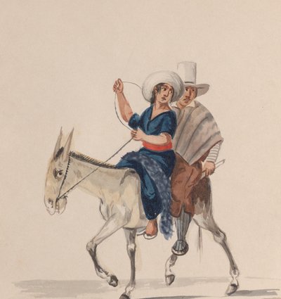 An Indian man and woman riding a donkey, from a group of drawings depicting Peruvian... by Francisco