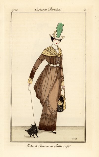 Woman in Panier Dress in Coffee-Coloured Satin with Pet Dog by Francesc Xavier Gosé