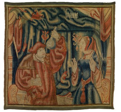 Tapestry fragment depicting an interior with physician and woman by Franco-Flemish School