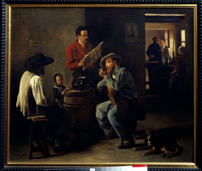 Cabaret Interior: Two Men Sitting in a Tavern Listening to the Reading of the Newspaper by François Bonvin