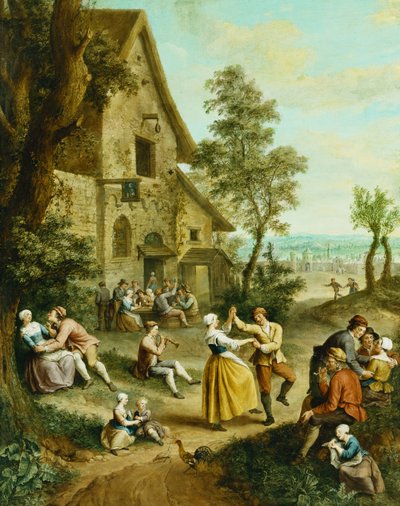 Peasants Dancing and Merry-Making Before a Tavern, a Walled Town Beyond by Francois Louis Joseph Watteau