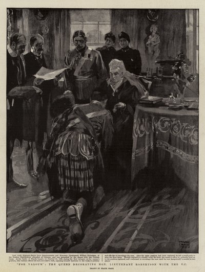 For Valour, the Queen decorating Honourable Lieutenant Robertson with the V C by Frank Craig