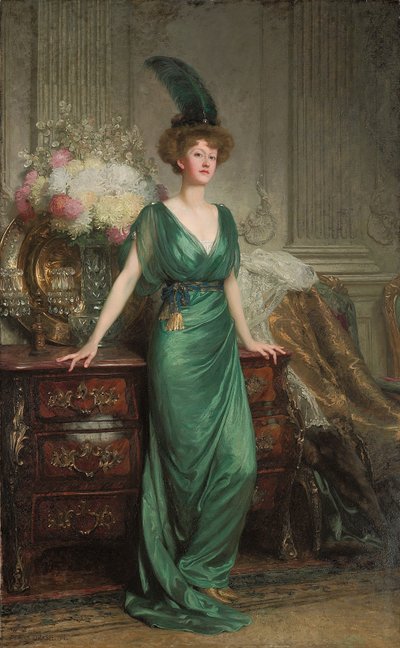 Portrait of the Hon. Mrs. Ernest Guinness, Standing, Wearing an Emerald Dress and Feather, 1912 by Frank Dicksee