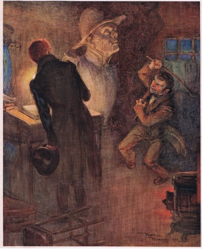 The dwarf threw down the newspaper from which he had been chanting the words already quoted and seizing a rust iron bar, c.1920 by Frank Reynolds