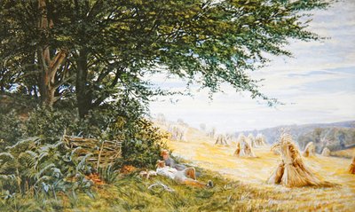 Couple resting under a tree in a field of corn by Frank Walton