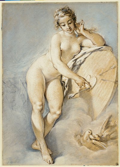Venus standing, gesturing towards a heart on a target with two doves by François Boucher