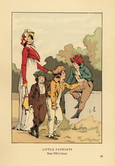 Boys in Jackets and Breeches with Merveilleuse in Roman Robe with Bonnet and Spencer Jacket. Little Patriots, Year VIII by François Courboin