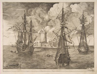 Four-Master Left and Two Three-Masters Anchored near a Fortified Island with a Lighthouse, 1561-65 by Frans Huys