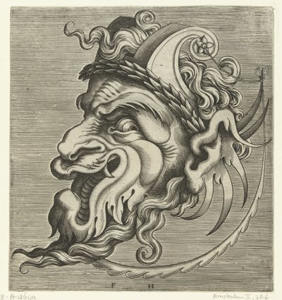 Mask in Profile with Two Horns of Strapwork and a Laurel Wreath by Frans Huys