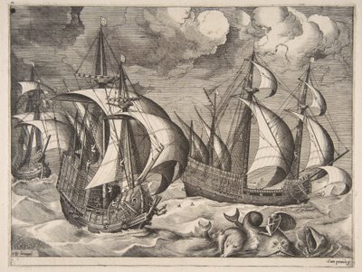 Three Caravels in a Rising Squall with Arion on a Dolphin (from The Sailing Vessels) by Frans Huys