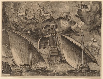 Two Galleys behind an Armed Three-Master with Phaethon and Jupiter in the Sky by Frans Huys after Pieter Bruegel the Elder