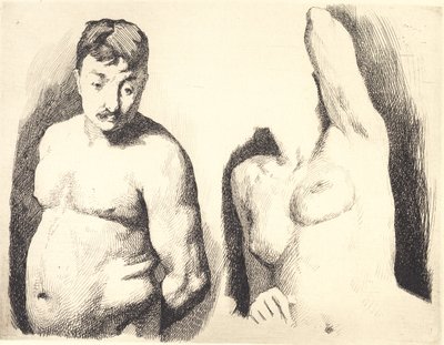 Test Plate with Two Studies of a Nude Male and Female Model in Half-Figure by Frans Schwartz