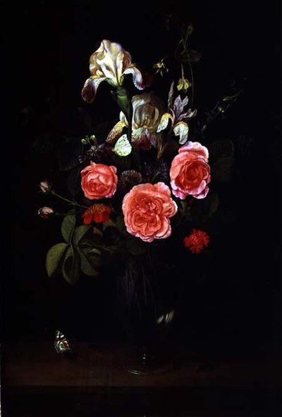 Flowers in a Glass Vase with a Butterfly on a Ledge by Frans Ykens