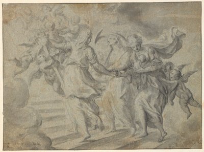 Religious Composition: Three Women Carrying a Child Up a Staircase, Towards a Group of Floating Angels with a Cross by Frantz Cleyn
