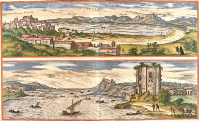 Views of Pozzoli and Bays (present-day Baia), Italy, with the ancient remains of the thermal baths of the Gulf of Naples and a fortress by Franz Hogenberg