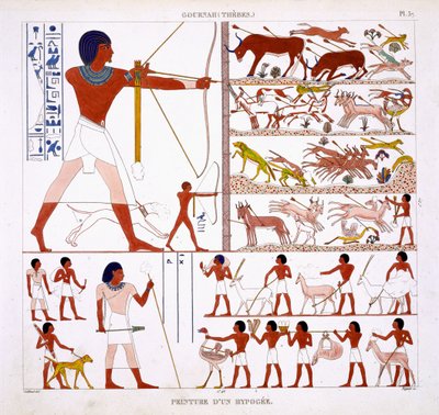 Hunting Scenes, from a Rare Record of Frescoes from Thebes, recorded 1819-1822 on his second visit to Egypt by Frederic Cailliaud, colour litho by Frederic Cailliaud