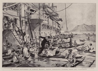 A British Battleship in Samoan Waters, Native Merchants Trading Fruit and Vegetables by Frederic de Haenen