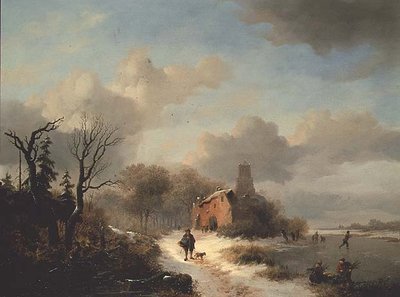Winter Landscape with Peasant and Figures on Ice by Frederick Marianus Kruseman