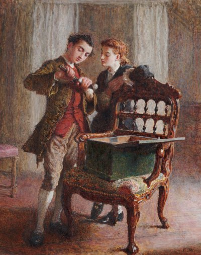 A Drawing Room Scene with an imposing open Armchair by Frederick Walker