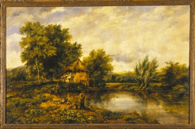A River Landscape with an Angler by a Mill by Frederick Waters Watts