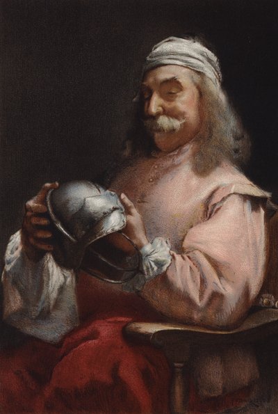 A Friend in Need, portrait of a man looking at a helmet by Frederick William Davis