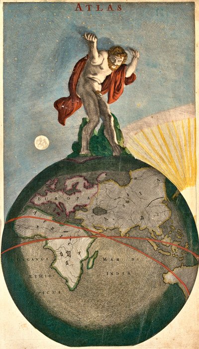 Atlas supporting the Celestial vault, levering on Earth by Frederick de Wit