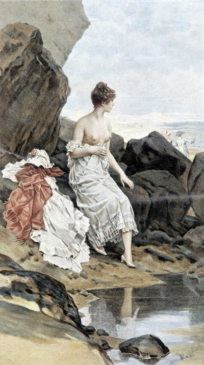 Woman by the Sea Bathing in Hiding - Allegory of Summer, Calendar Illustrated by Hubert Dys, Painted by F.H. Kaemmerer by Frederik Hendrik Kaemmerer