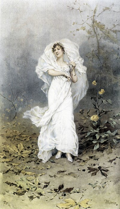 Woman in a Forest - Allegory of Autumn, Calendar illustrated by Hubert Dys, painted by F.H. Kaemmerer by Frederik Hendrik Kaemmerer
