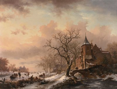 Castle in a Winter Landscape and Skaters on a Frozen River by Fredrik Marinus Kruseman