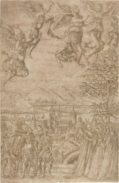 A King and His Retinue Confronting Ladies under a Celestial Battle by French 17th Century