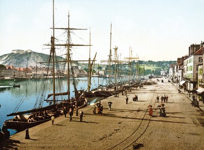Boats Docked in Cherbourg with the Old Fort in the Background, 1890-1900 by French Photographer