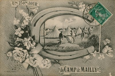 Hello from Camp de Mailly - filling straw mattresses. Postcard sent in 1913 by French Photographer