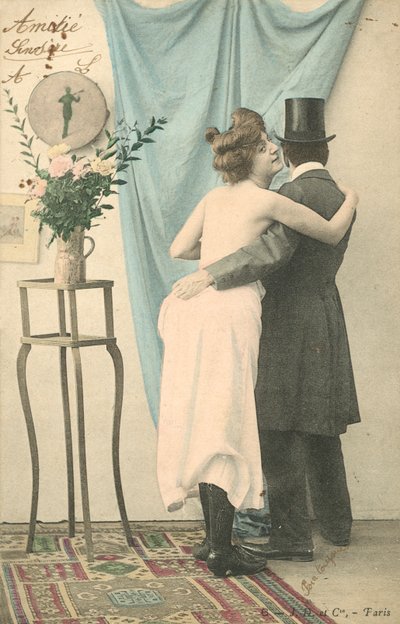 Man in Top Hat with Arm Around Half-Dressed Woman by French Photographer
