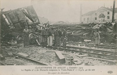 Train crash at Melun in France, 4 November 1913. View of the rubble. Postcard sent in 1913 by French Photographer