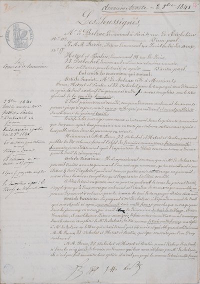 2nd Contract document relating to La Comedie Humaine between Honore de Balzac and Hetzel, Paulin, Dubochet and the publisher Charles Furne, 2nd October 1841 by French School