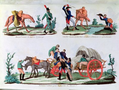A Hussar carrying fodder, a cavalryman and an infantryman quenching his thirst and a military ambulance by French School